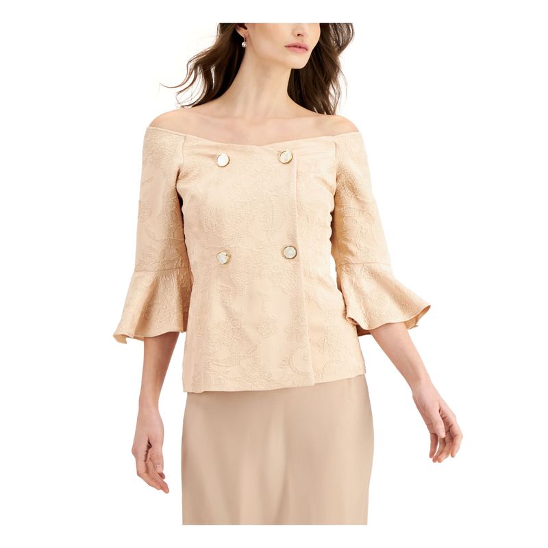 Adrianna Papell Womens Beige Double Breasted Fitted Bell Sleeve Evening Top 6